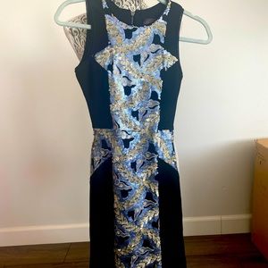 Mid length form fitting dress with sequenced detailed panel down front